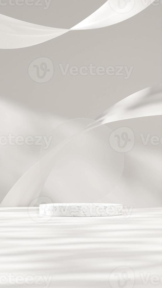 3D-Mockup-Vorlage, die weißes Marmorpodium im Hochformat mit schwebendem Stoff und Schattenwand wiedergibt foto