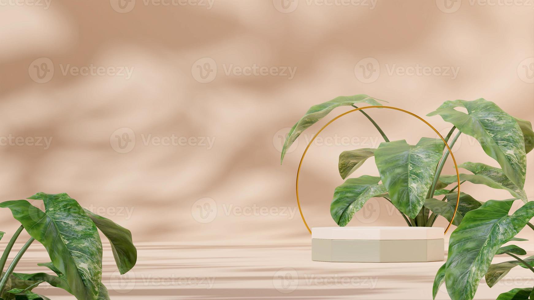 3D-Rendering Mockup weiß-grüne Podiumsvorlage in Landschaft mit Alocasia-Pflanze und Goldring foto