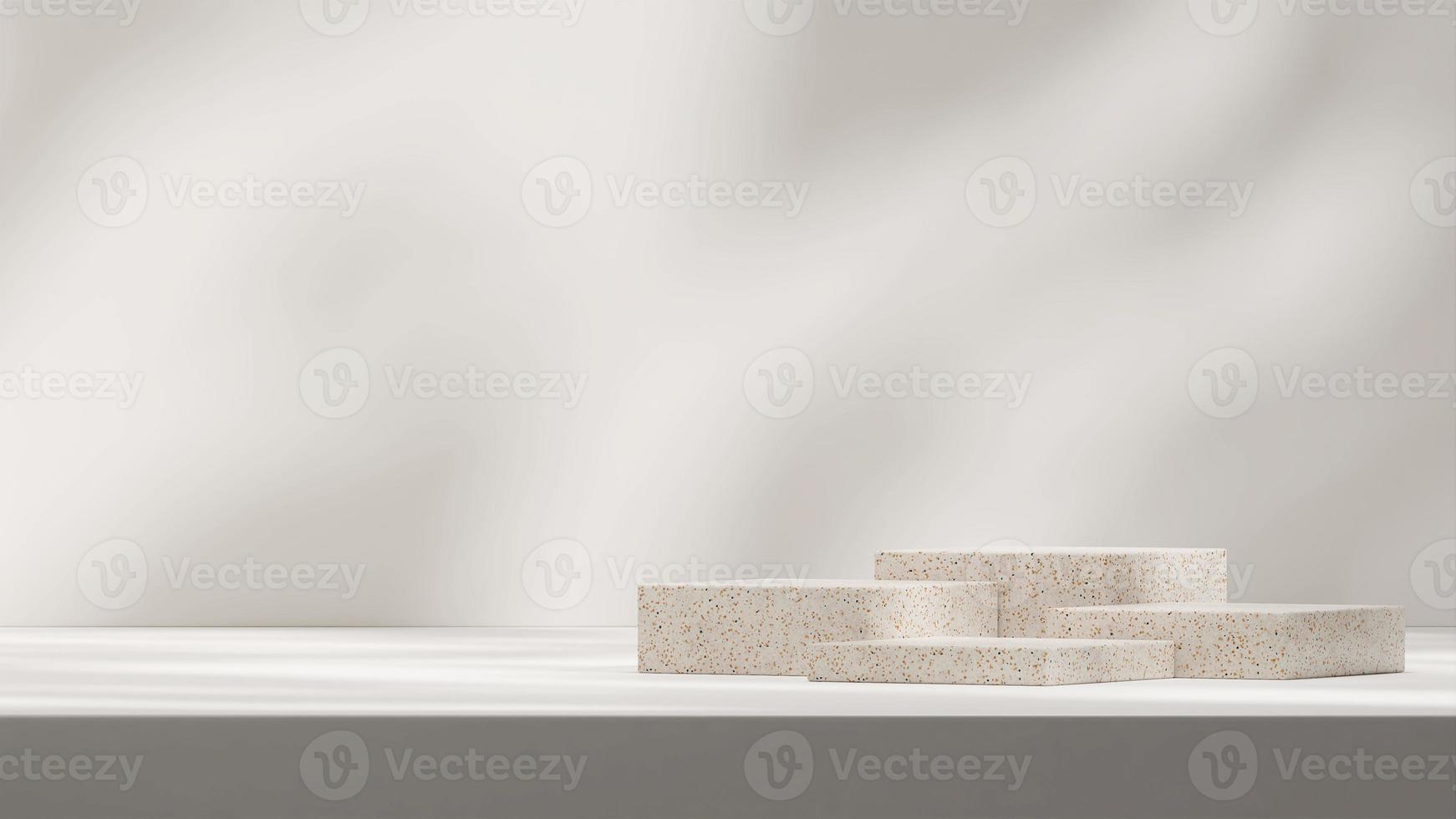 Minimales 3D-Rendering-Modell eines quadratischen Terrazzo-Podiums in Landschaft mit Sonnenschatten in weißer Wand foto