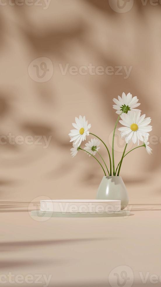 3D-Rendervorlage weißes Podium im Hochformat mit grüner Vase, weißem Gänseblümchen und hellbraunem Hintergrund foto
