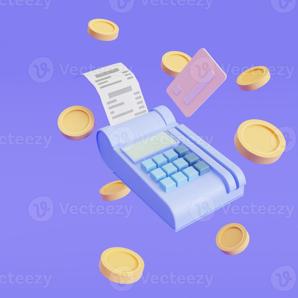 Kreditkarten-Swipe-Maschine Zahlungskonzept Kreditkarte, Zahlungsterminal, schwimmende Münzen im Hintergrund. geldsparende, bargeldlose Gesellschaft. 3D-Darstellung foto