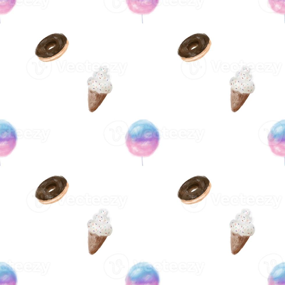 süßer nahtloser handgezeichneter aquarell süßer snack eistüte zuckerwatte donut muster hintergrund foto