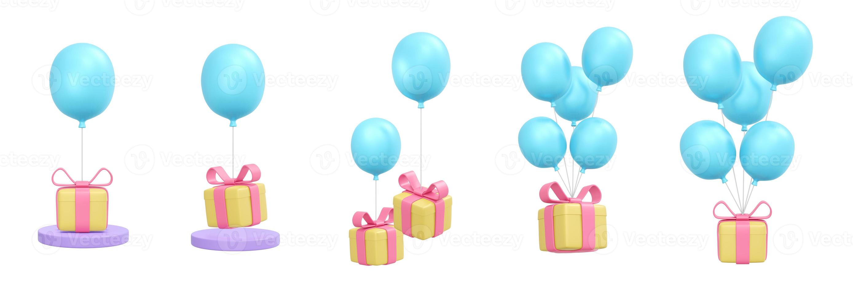 3D-Rendering eines Satzes von Geschenkboxen mit Ballonkonzept der gegenwärtigen Dekorations-Icon-Sammlung für kommerzielles Design isoliert auf weißem Hintergrund. 3D-Darstellung im Cartoon-Stil. foto