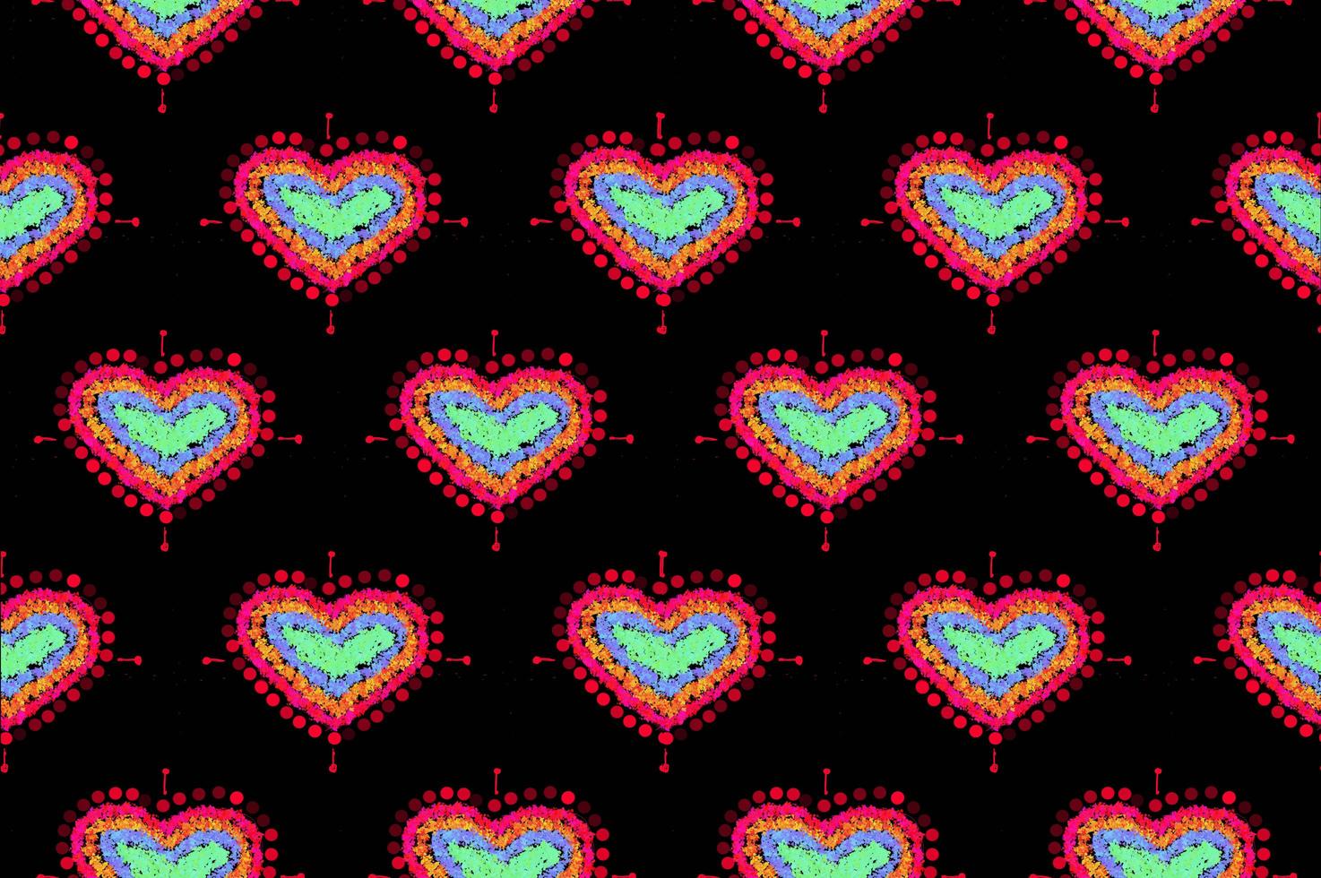 Muster der Freihandskizze Form Herz, bunte rot grün blau gelb orange Farbgestaltungselemente isoliert auf schwarzem Hintergrund, Symbol Liebe Valentinstag, Textilgewebe foto