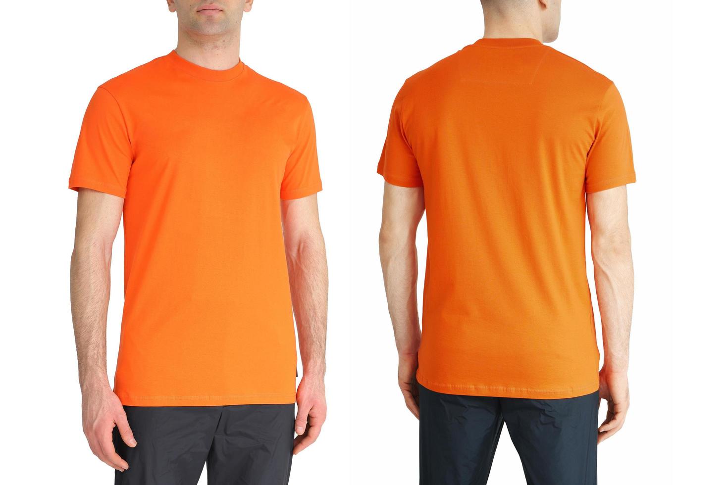 orangefarbenes T-Shirt auf zwei Seiten auf weißem, isoliertem Hintergrund, Kopierraum foto