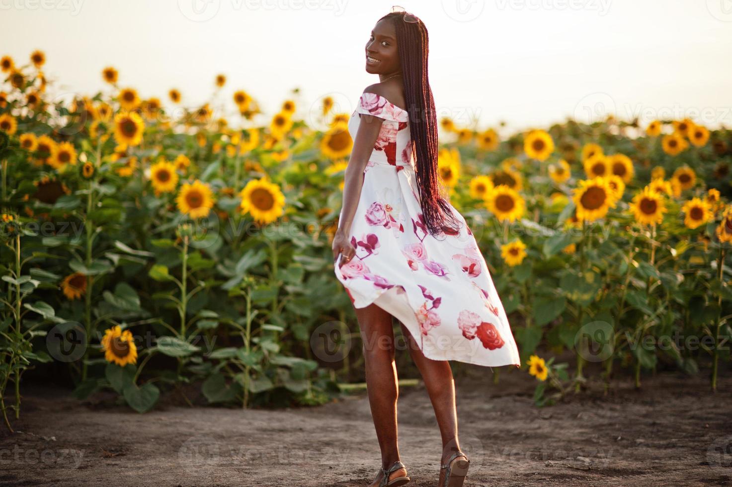 hübsche junge schwarze Frau tragen Sommerkleid Pose in einem Sonnenblumenfeld. foto