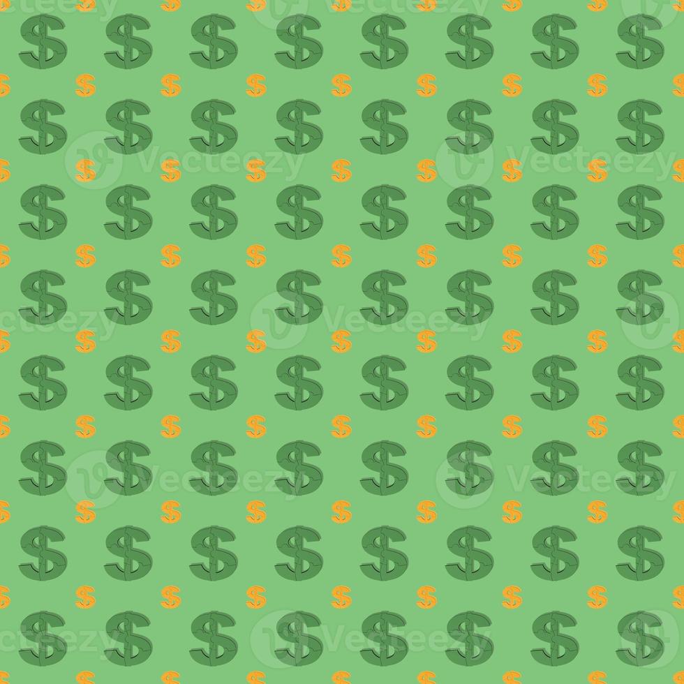 Satz von isolierten großen dunkelgrünen und kleinen gelben Puzzle-Dollars mit Beschneidungspfad 3D-Render auf grünem Hintergrund. nahtlose Texturmuster. 3D-Darstellung. foto