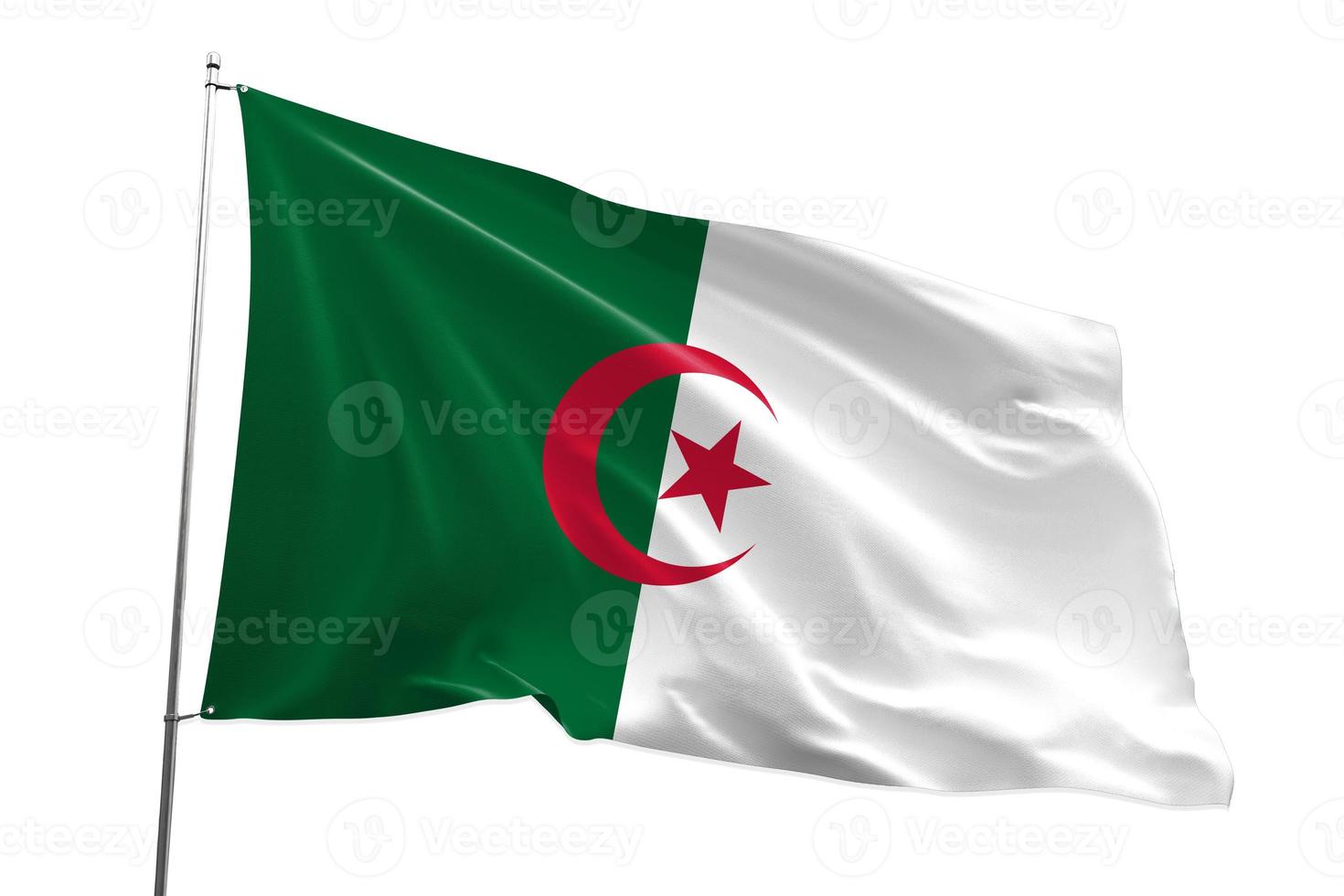 algerische nationalflagge, die weißen hintergrund weht. algerische flagge der schwenkenden nationalflagge mit einem weißen isolierten hintergrund foto