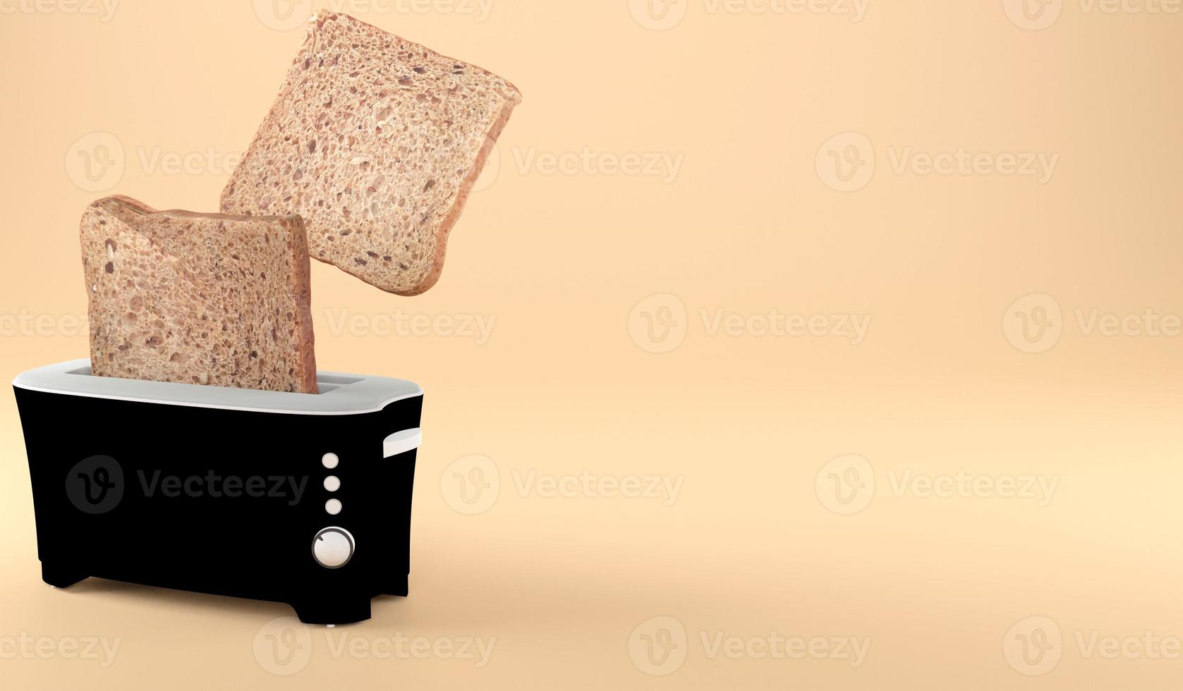 3D-Toast und Toaster auf gelbem Hintergrund für Kopierraum, 3D-Rendering Illustration Frühstückskonzept foto