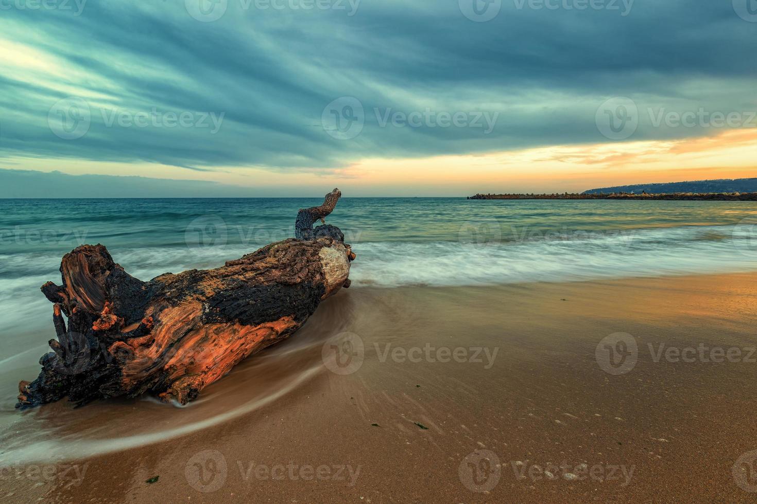 Meereslandschaft, herrliche Langzeitbelichtung Meereslandschaft mit altem Holz foto