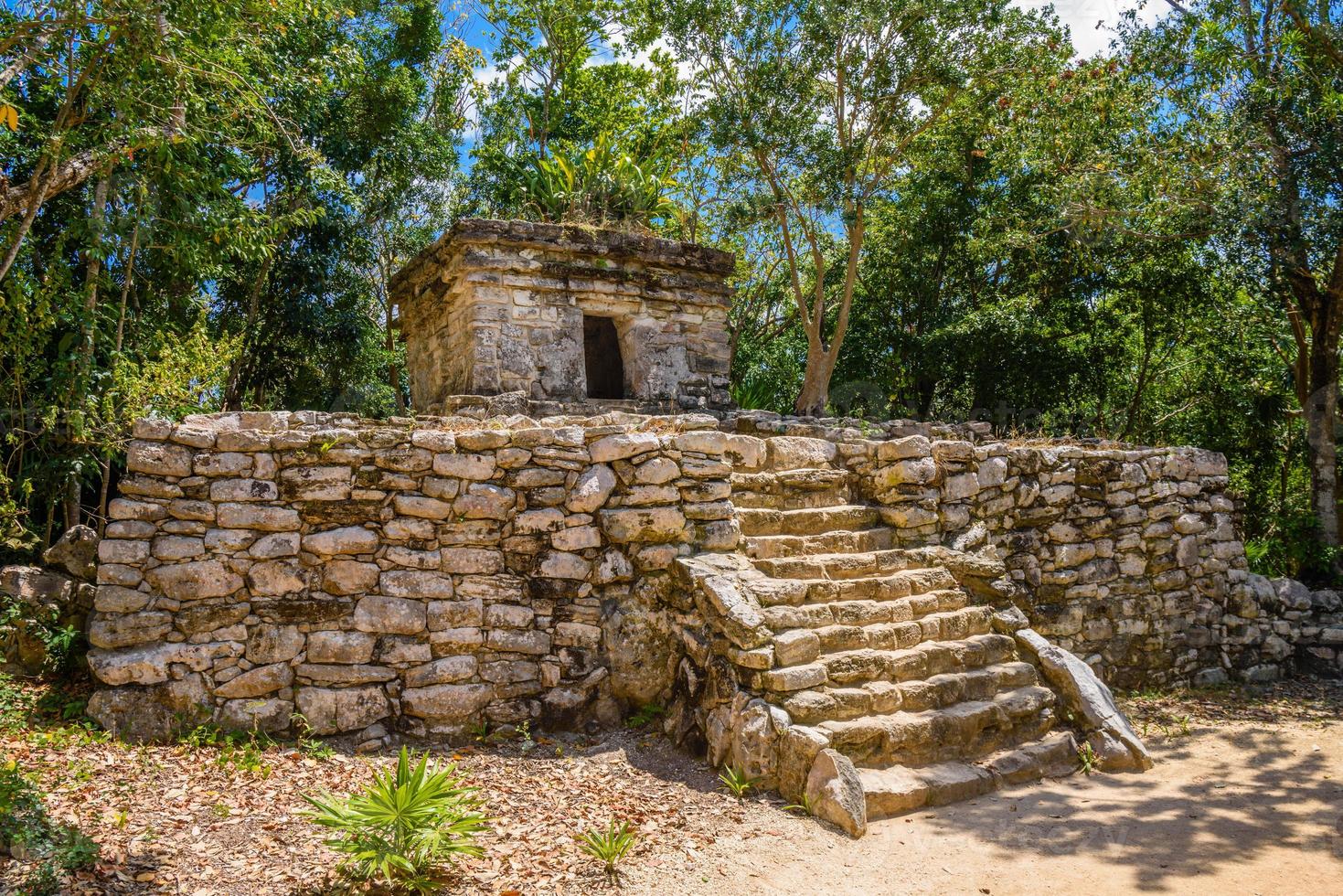 maya-ruinen im schatten von bäumen im tropischen dschungelwald playa del carmen, riviera maya, yu atan, mexiko foto