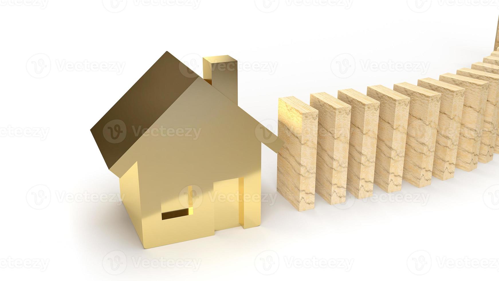 das holz domino und gold haus 3d-rendering abstraktes bild für eigentumsinhalte. foto