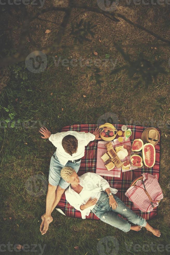 Draufsicht des Paares, das Picknickzeit genießt foto