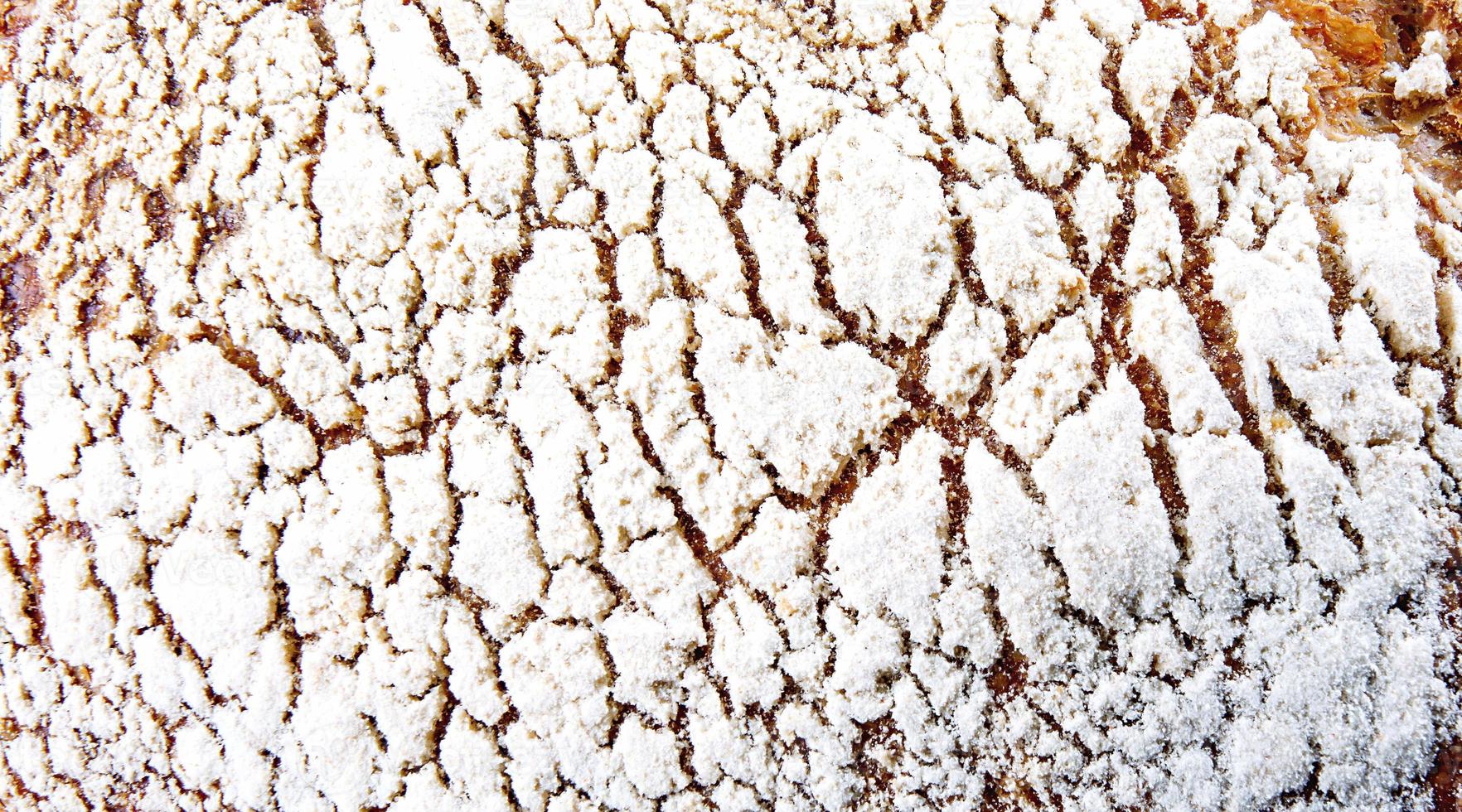 die Oberfläche von hausgemachtem Brot in Mehl. schöne Brotkruste aus nächster Nähe. Kunstbrot. foto