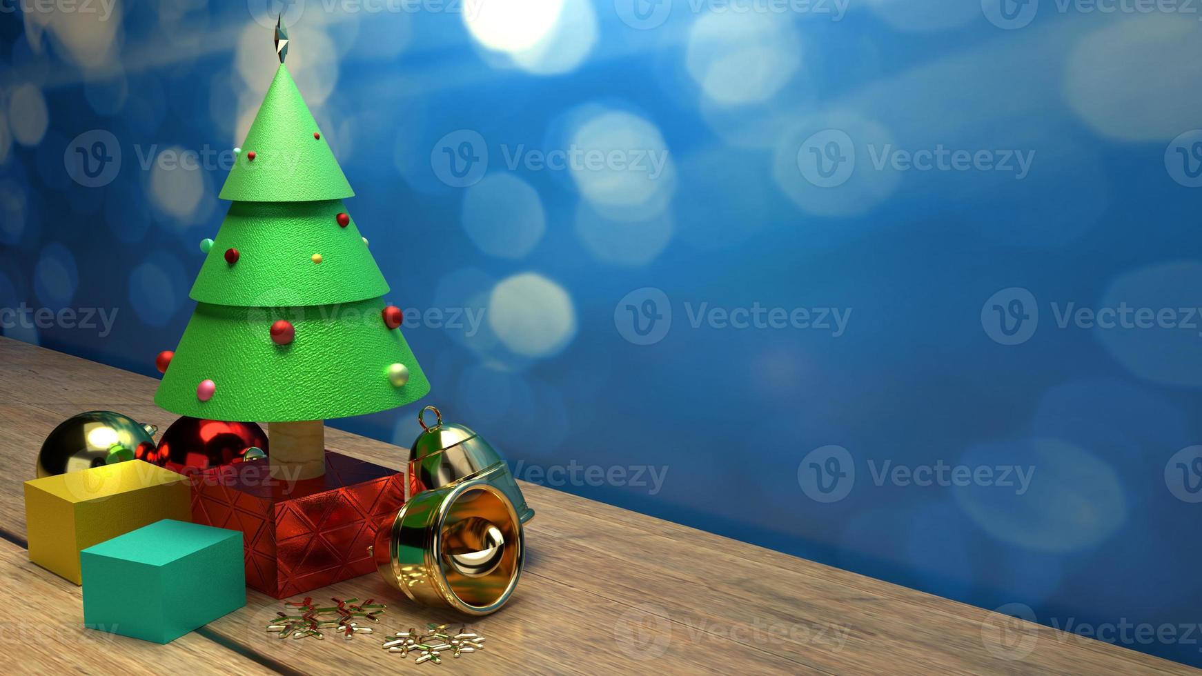 weihnachtsbaum auf holztisch 3d-rendering-bild für weihnachtsfeierinhalte. foto