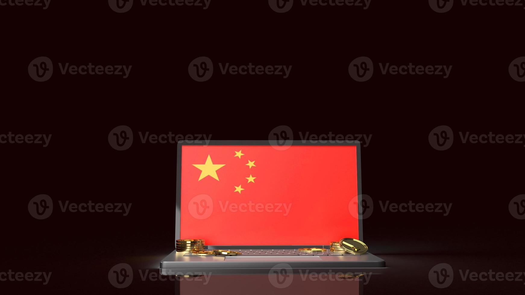 Notebook-Bildschirm China-Flagge und Goldmünzen 3D-Rendering für China-Währung foto