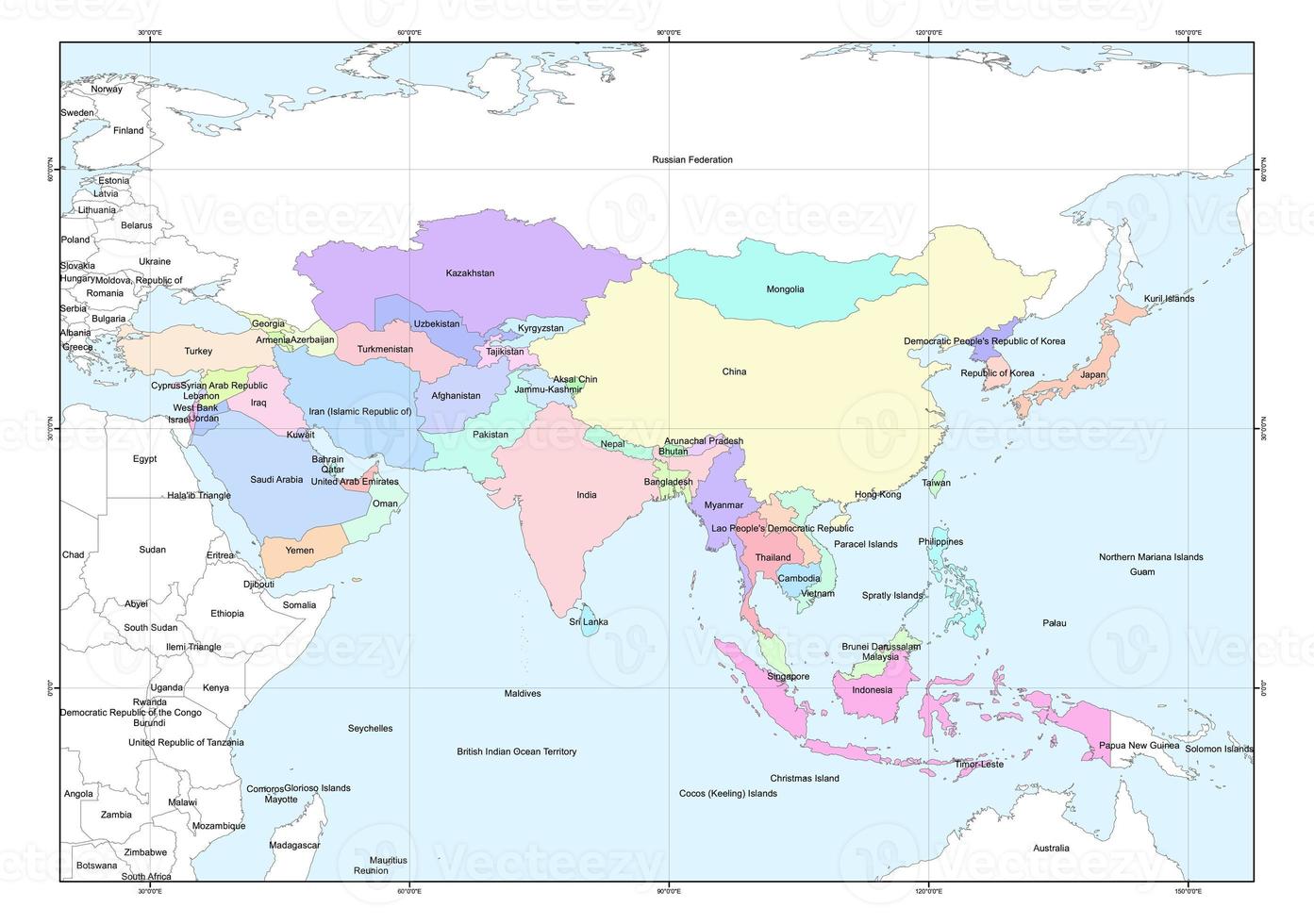 Karte der staatlichen Verwaltung in Teilen des asiatischen Kontinents foto