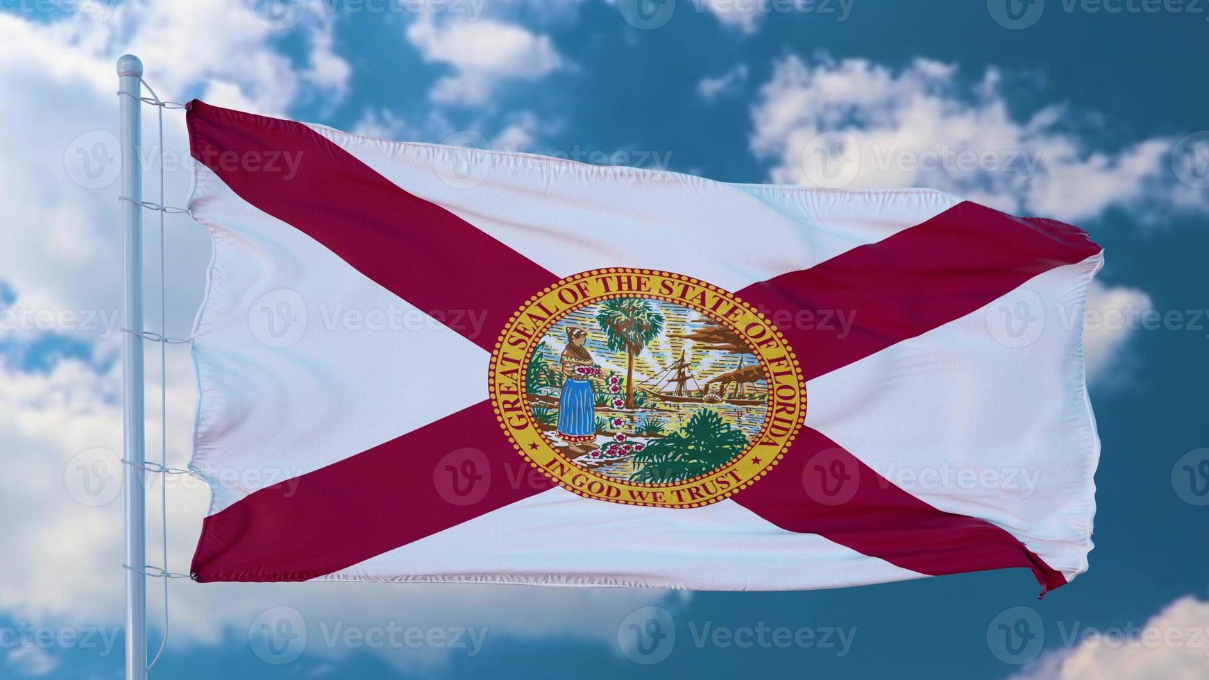 florida-flagge auf einem fahnenmast, der im wind am himmel weht. Bundesstaat Florida in den Vereinigten Staaten von Amerika. 3D-Darstellung foto
