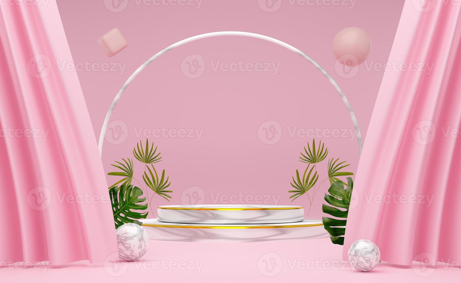 podium leer mit geometrischen formen und vorhang in rosa pastellkomposition für moderne bühnendarstellung und minimalistisches mockup, abstrakter schaufensterhintergrund, konzept 3d-illustration oder 3d-rendering foto