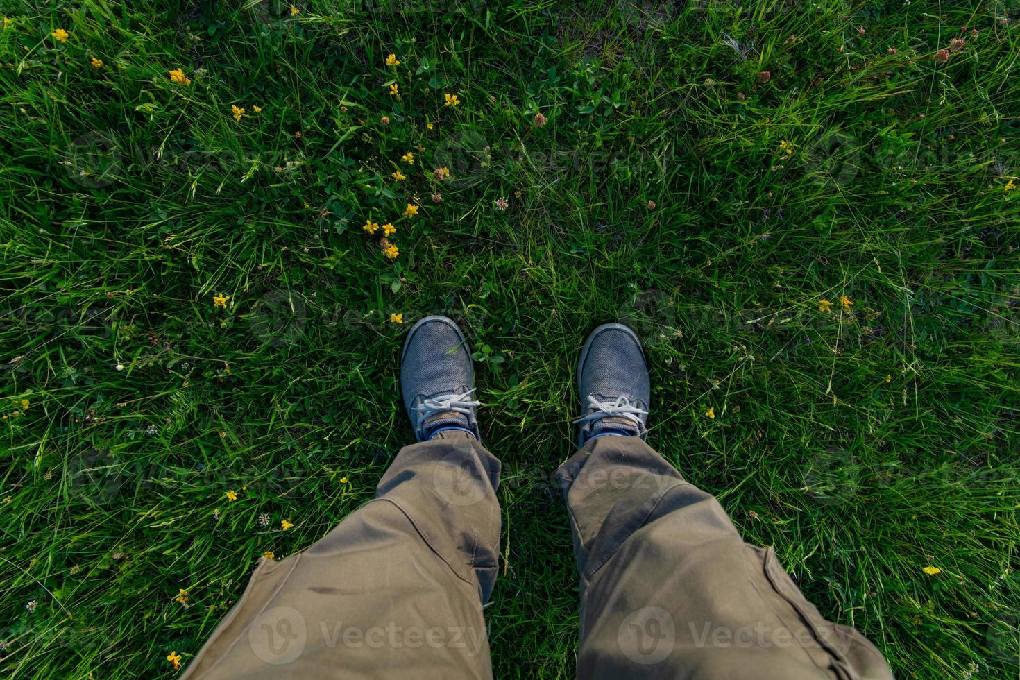 Draufsicht auf die Beine im Gras foto