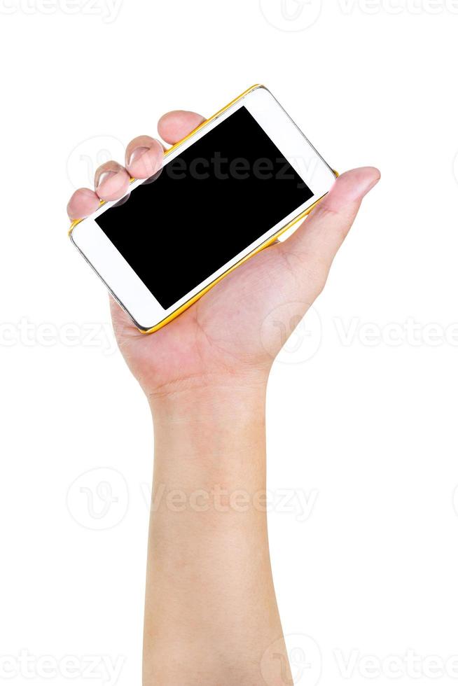 menschliche Hand, die leeres mobiles Smartphone, Beschneidungspfad hält foto