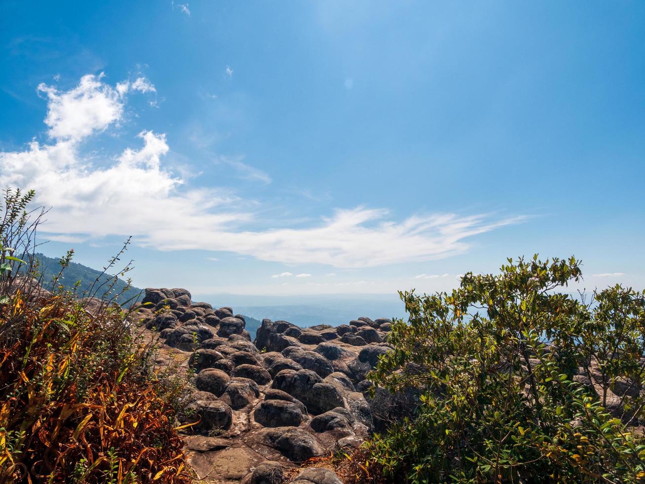 landschaft aussichtspunkt für design postkarte und kalender sommer berg felsen blauer himmel wolkenverlauf panorama dämmerung in den bergen phu hin rong kla nationalpark thailand reisen urlaub wind entspannen foto