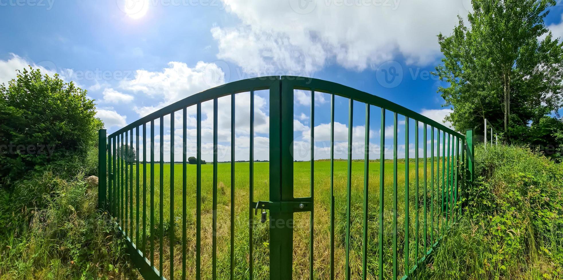 großes grünes Metalltor zu einem grünen Feld foto