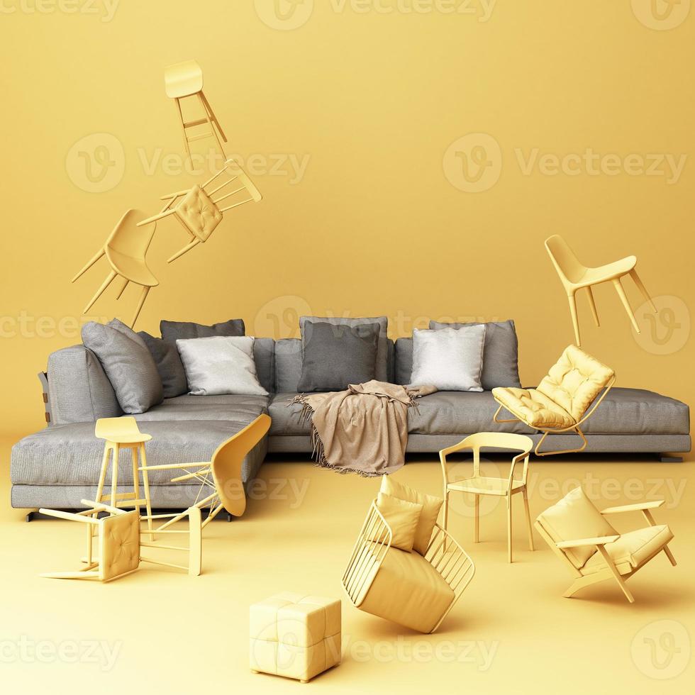 Sofa umgeben von vielen kleinen Stühlen. 3D-Rendering, Kunstwerk foto