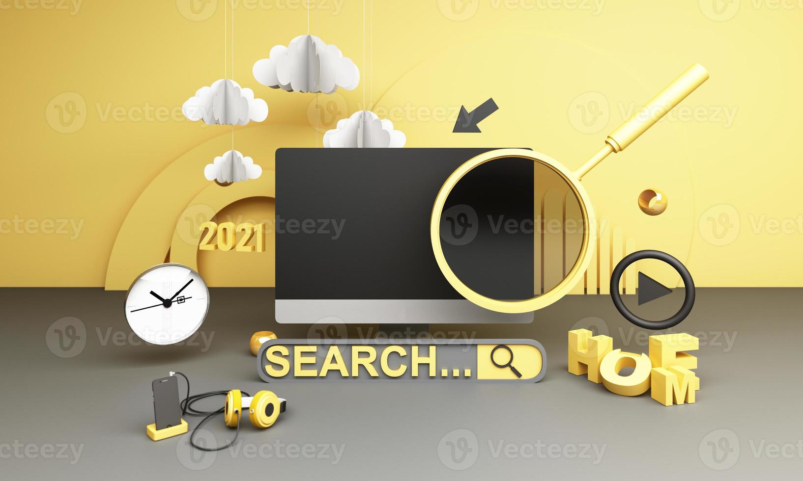 informationssuchleiste umgeben von elektronik, uhren, computern und telefonen mit lupe. auf einem geometrischen Hintergrund in Gelb- und Grautönen 3D-Rendering foto