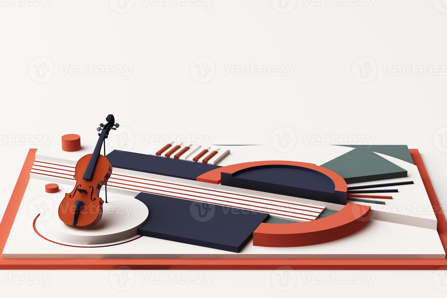 geigen- und musikinstrumentenkonzept, abstrakte komposition aus geometrischen formplattformen in orange und blauem ton. 3D-Rendering foto