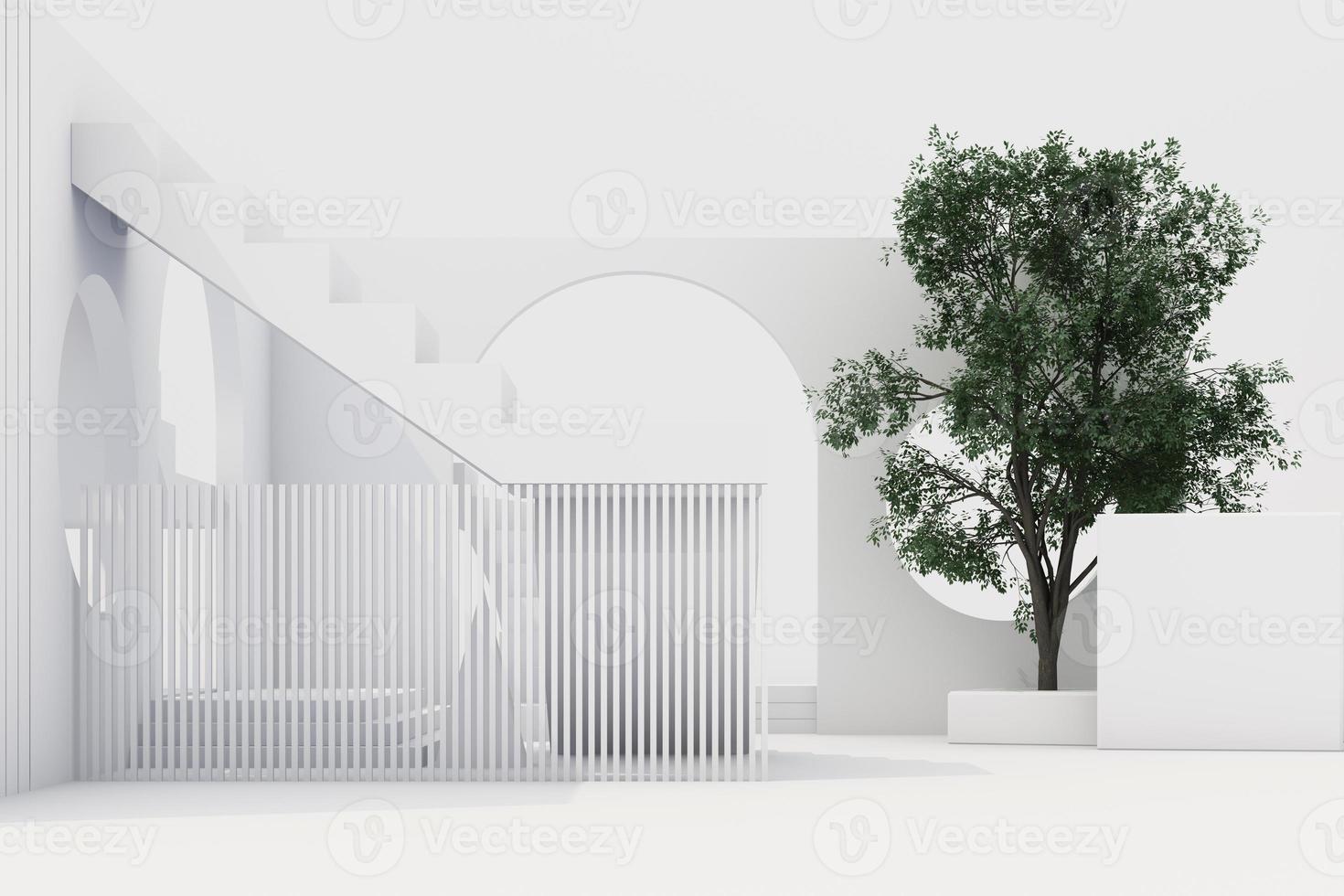 Zusammensetzung der geometrischen Form mit Treppe und Bogen auf weißem Hintergrund. 3D-Rendering foto