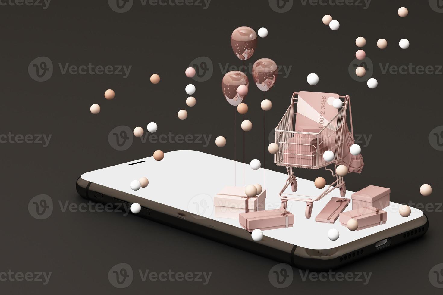 Online-Shopping-Smartphone mit Geschenkbox, Warenkorb, Kreditkarte, Einkaufstasche, in rosa Farbton. 3D-Rendering foto