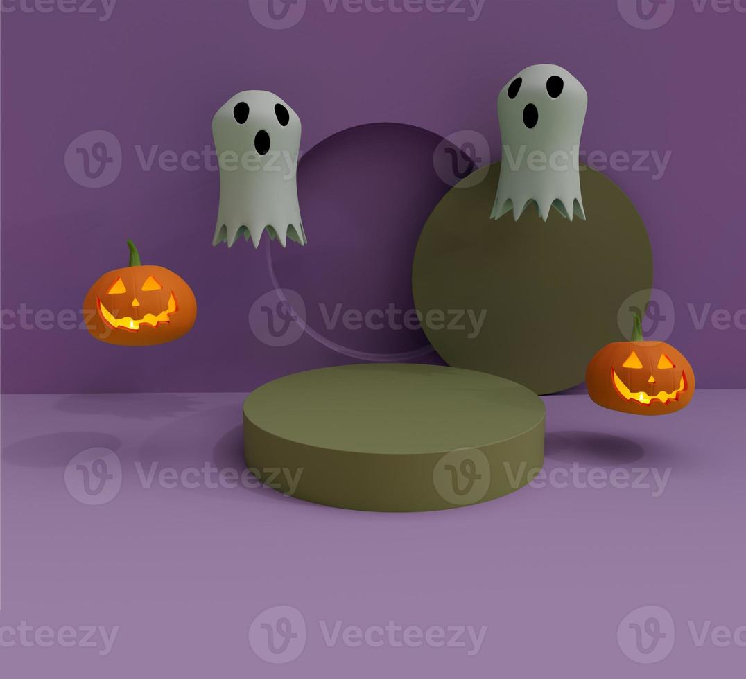 3D-Darstellung von Halloween-Kürbis fliegend mit innen leuchtender Kerze, weißer Geist minimales Halloween-Hintergrund-Design-Element foto