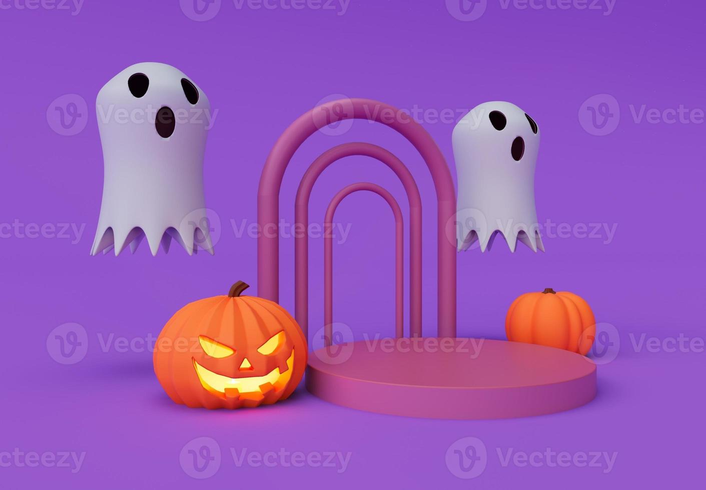 3D-Darstellung von Halloween fliegend gruselig, Geist, Kürbis, Podium, minimales Halloween-Hintergrund-Design-Element foto
