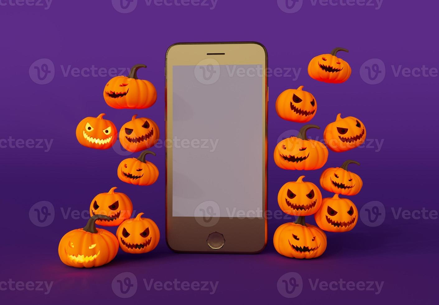 3D-Darstellung von Halloween-Kürbis mit goldenem Smartphone, innen leuchtende Kerze, minimales Halloween-Hintergrunddesign-Element foto