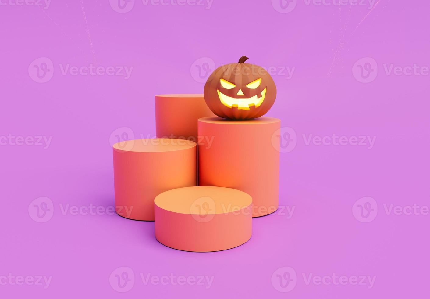 3D-Darstellung von Halloween-Kürbis-Spitze des Podiums innerhalb der glühenden Kerze, minimales Design-Element für Halloween-Hintergrund foto
