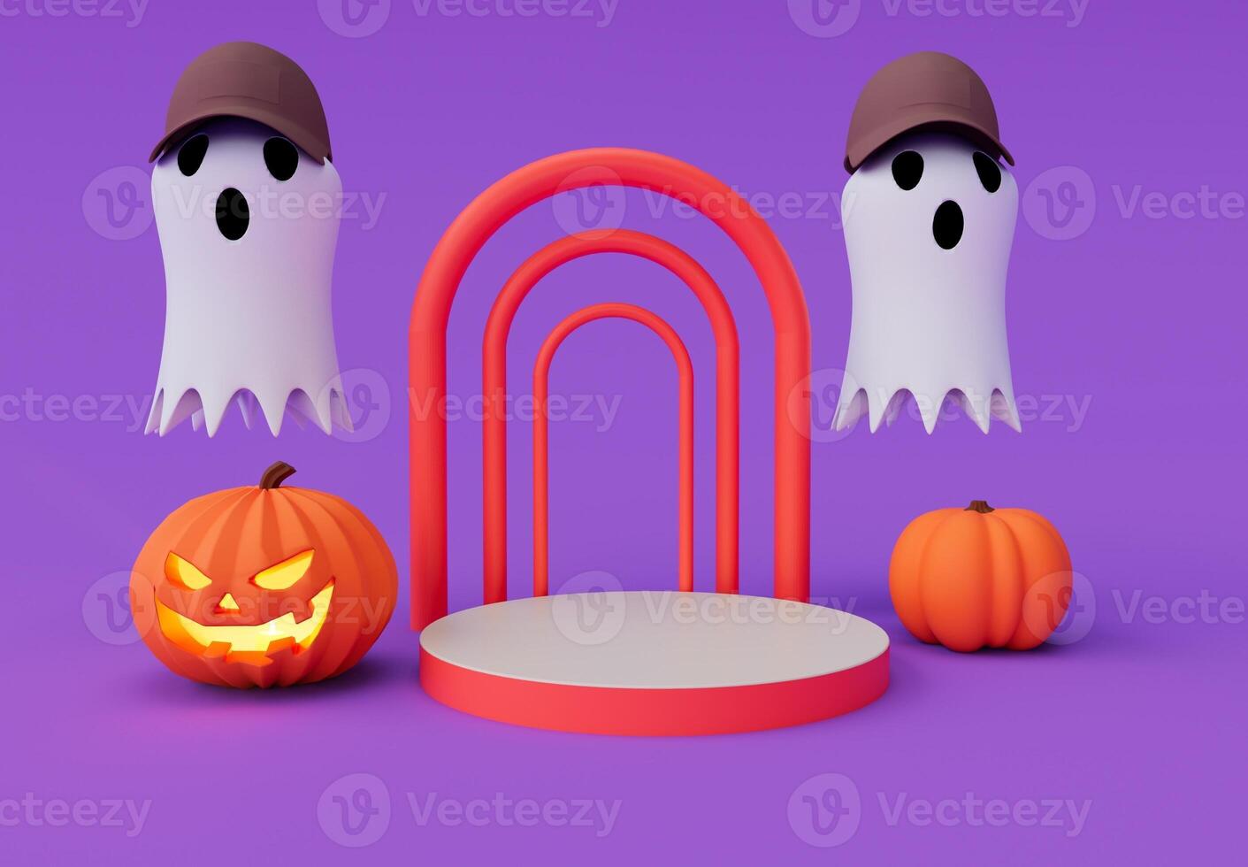 3D-Darstellung von Halloween fliegend gespenstisch mit Mütze, Geist, Kürbis, Podium, minimalem Halloween-Hintergrund-Designelement foto