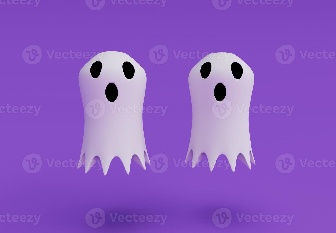 3D-Darstellung von zwei weißen gruseligen Geistern, Gestaltungselement, auf violettem Hintergrund foto
