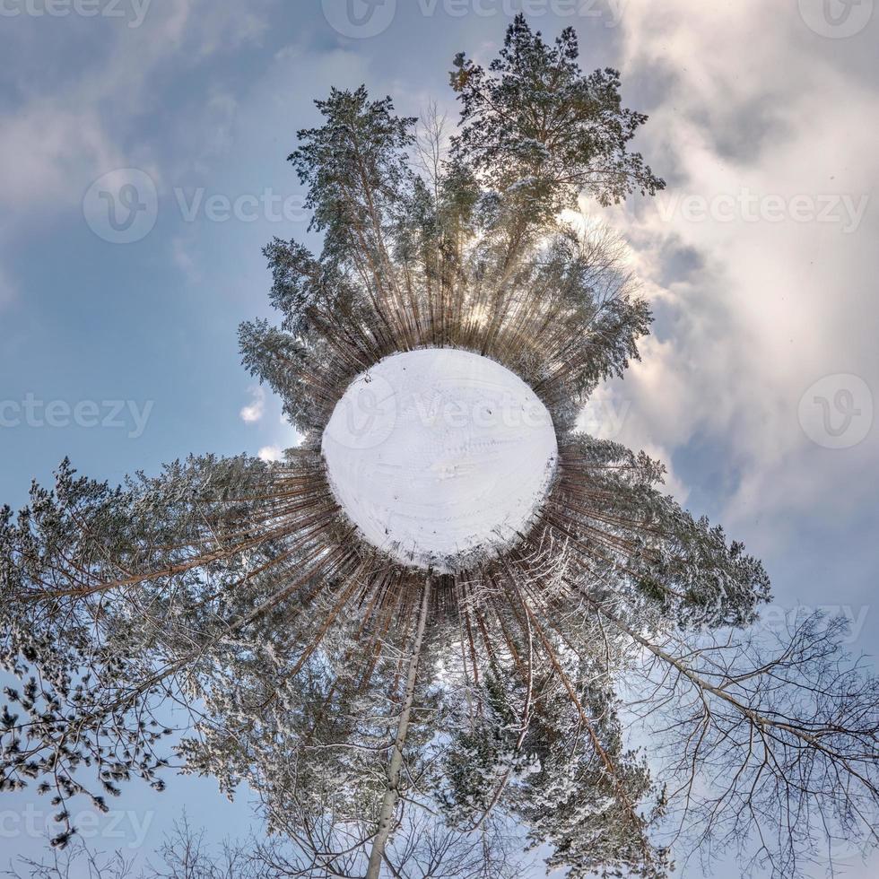 Winziger Planet des Winters im schneebedeckten Wald im blauen Himmel. Transformation des sphärischen Panoramas 360 Grad. sphärische abstrakte Luftaufnahme im Wald. Krümmung des Raumes. foto