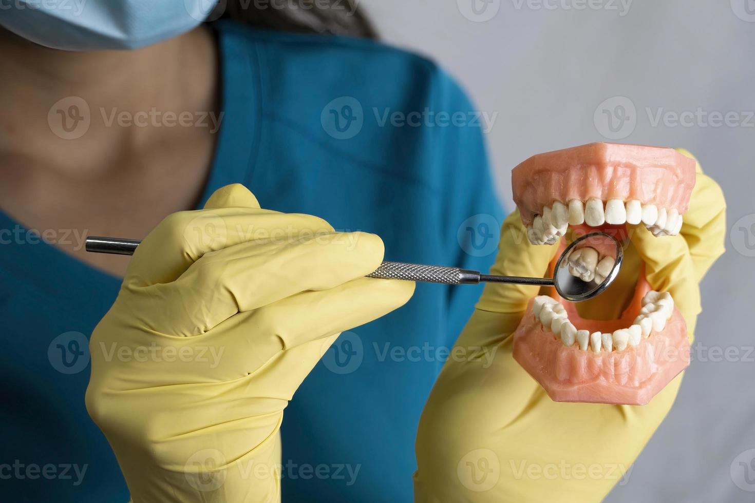 Die Zahnärztin hält Zahnersatz in seinen Händen und Instrumenten foto