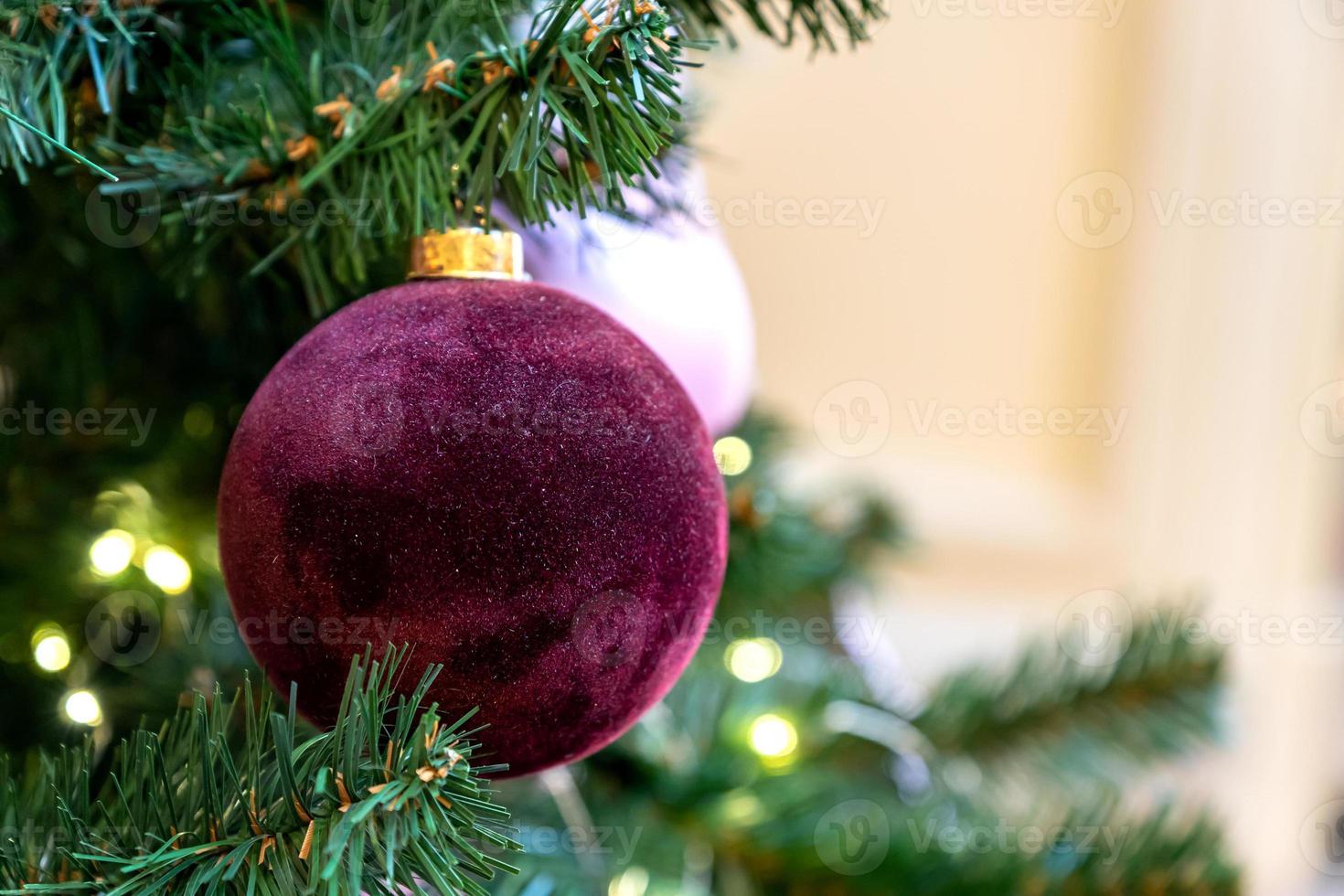 Nahaufnahme von lila Samt Weihnachtsbaum Spielzeug auf einem Ast. Platz für Text kopieren foto