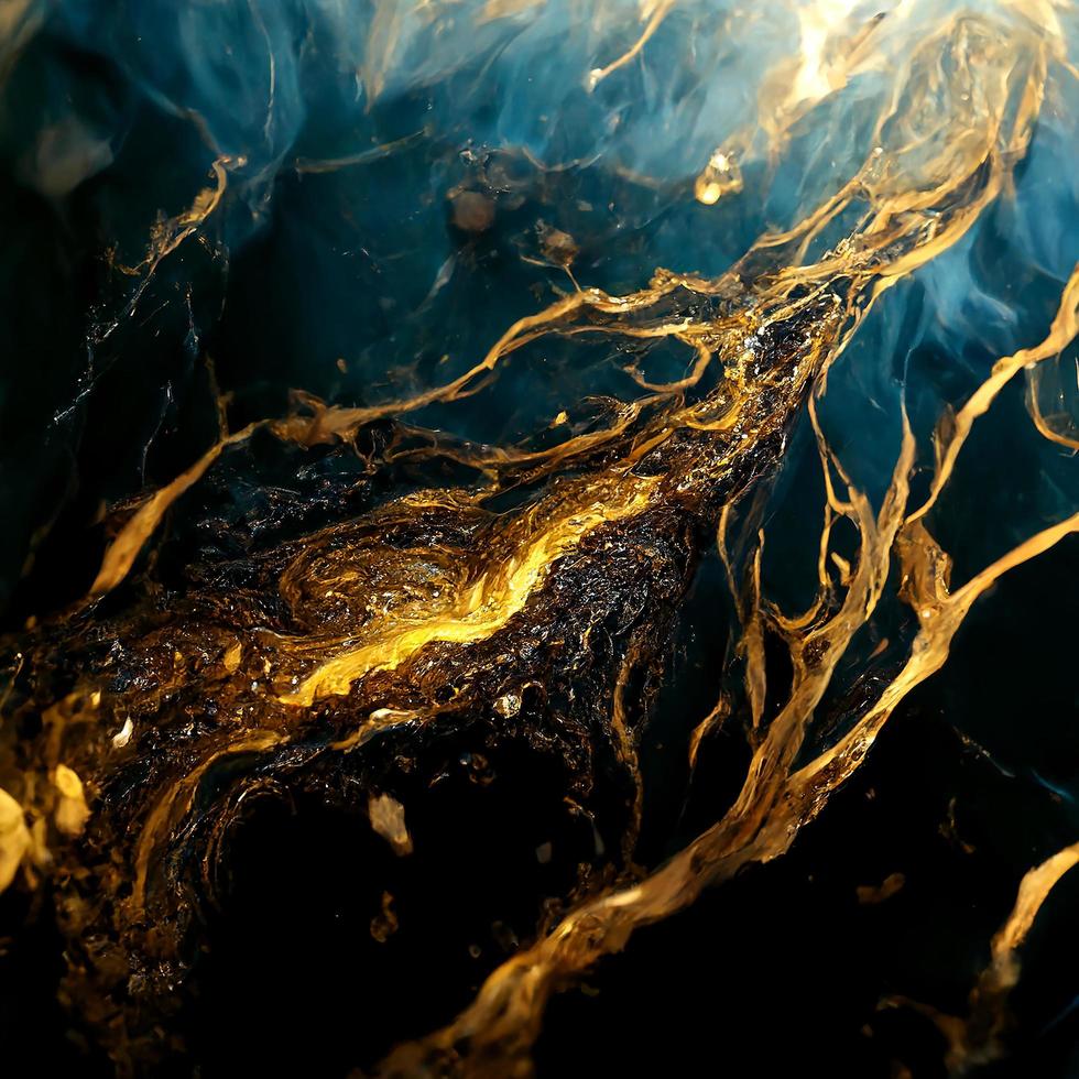 flüssige Skulptur aus geschmolzenem Gold, die auf einer Felswand aus vaskulärem Obsidian sickert, foto