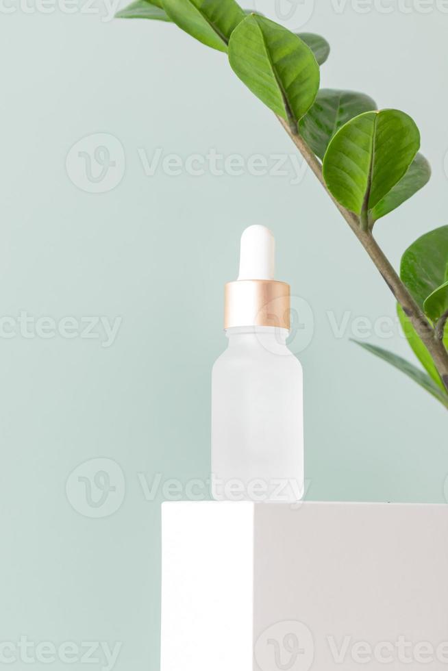 Kosmetikflasche aus Glas mit Öl oder Serum zur Hautpflege auf weißem quadratischem Podium auf blauem Hintergrund mit grünen Blättern. natürliches hautpflegekonzept. ölige kosmetische Pipette foto