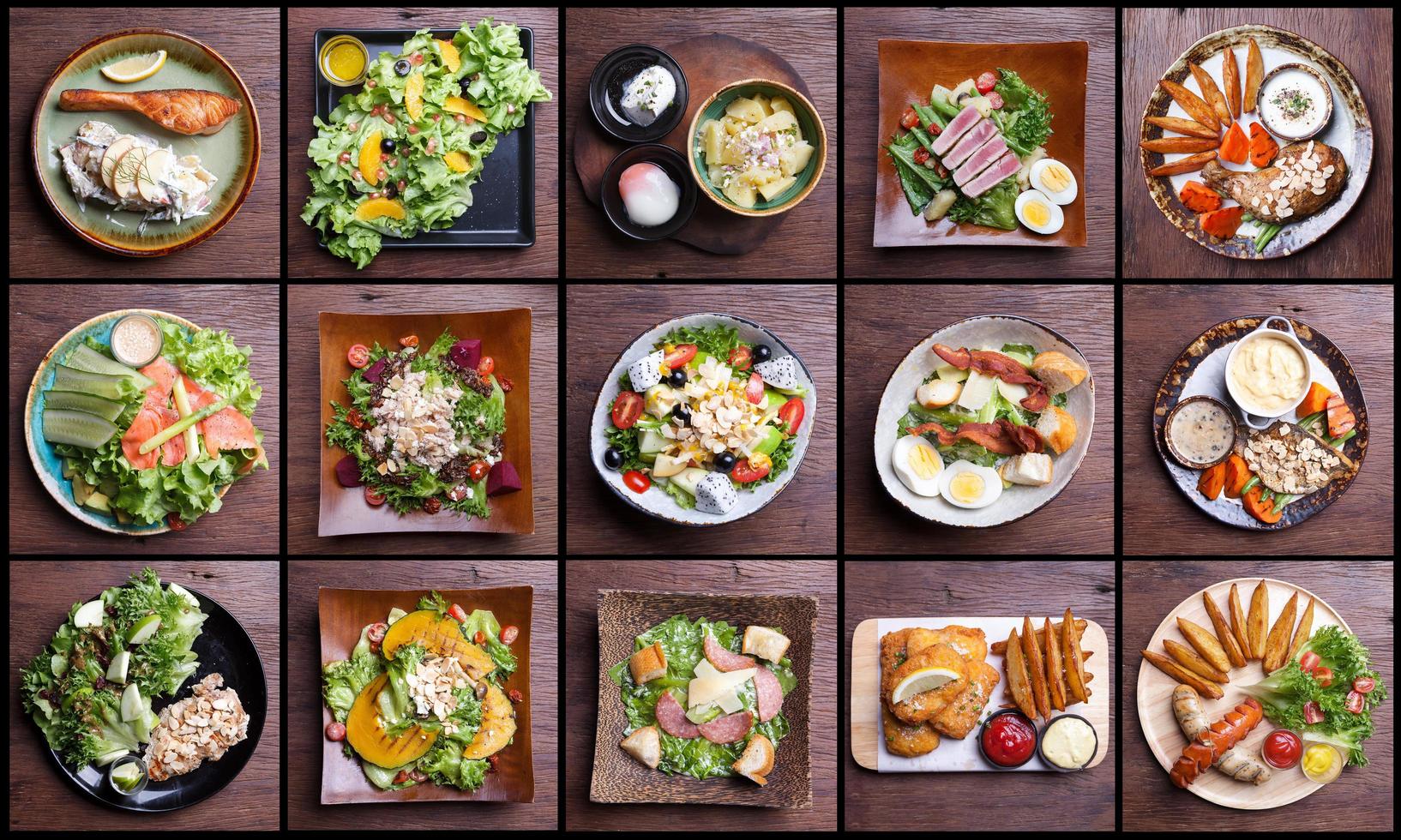 einschließlich Salatset für gesunde Lebensmittel. Obstsalat, Schinkenspeck, Lachs, Caesar-Salat, Thunfischsalat, Fish and Chips, Hähnchenschenkel, geräucherte Wurst foto