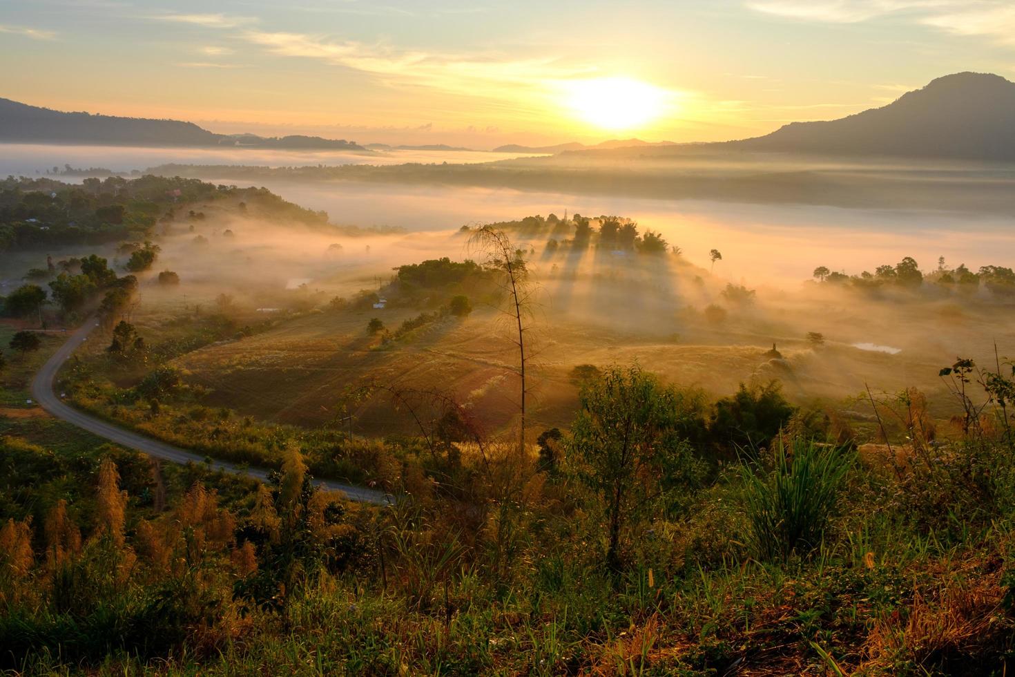 landschaftsnebel bei morgendlichem sonnenaufgang am khao takhian ngo view point in khao-kho phetchabun, thailand foto