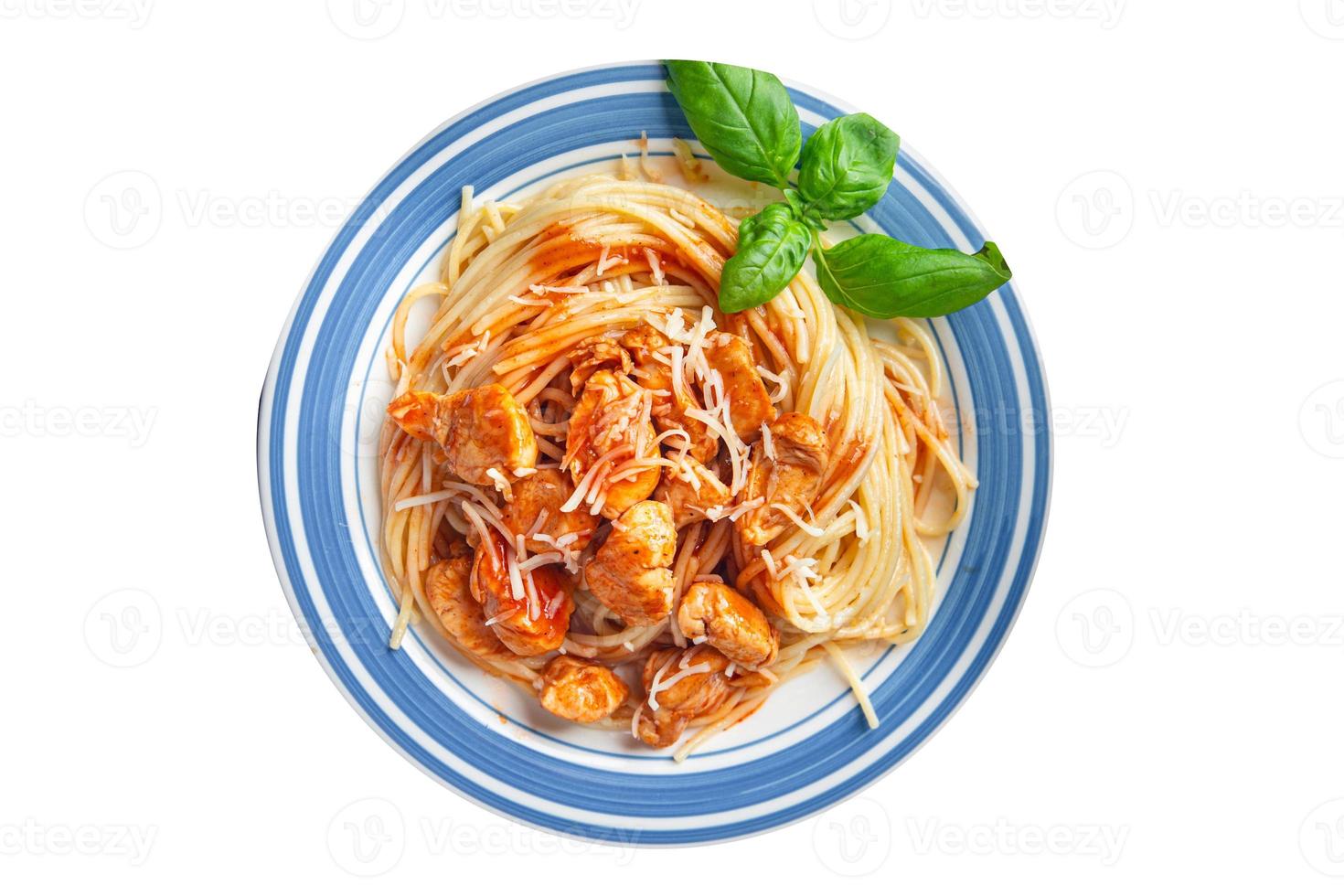 Pasta Spaghetti Hühnchen Fleisch Tomatensauce frisch gesunde Mahlzeit Snack auf dem Tisch kopieren Raum Lebensmittel Hintergrund foto