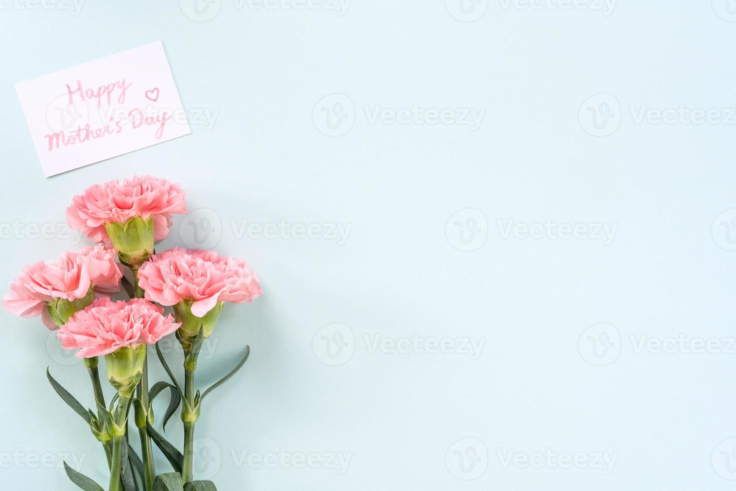 muttertagshintergrund, nelkenbündel - schöner blassrosa blumenstrauß isoliert auf pastellblauem tisch, draufsicht, flache lage, kopierraumdesign. foto