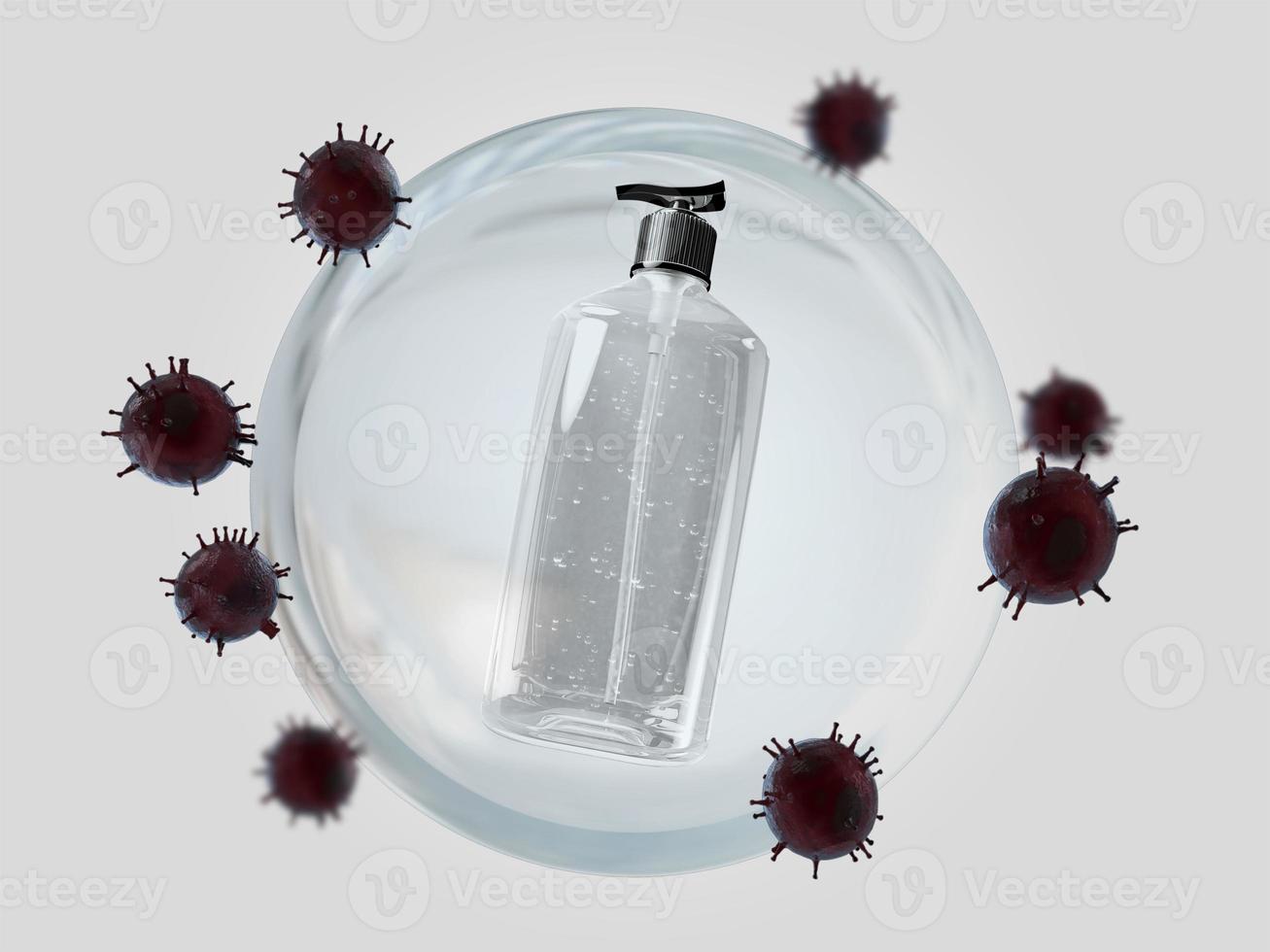 Alkohol-Gel-Corona-Virus-Modell 3D-Rendering-Design foto