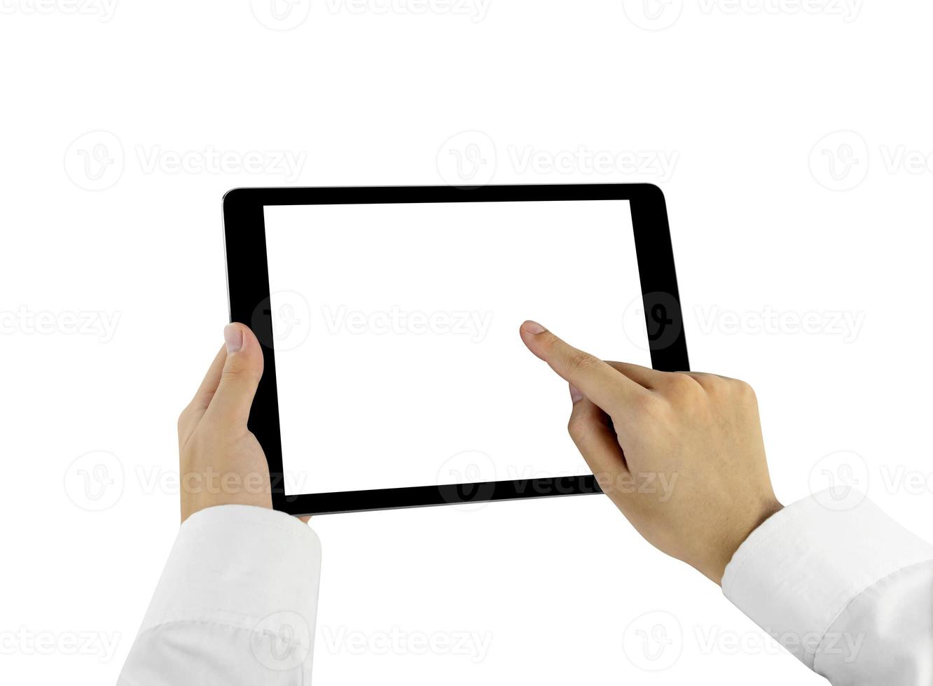 Geschäftsmann mit Computer isoliert auf weißem Hintergrund, enthalten Beschneidungspfad foto