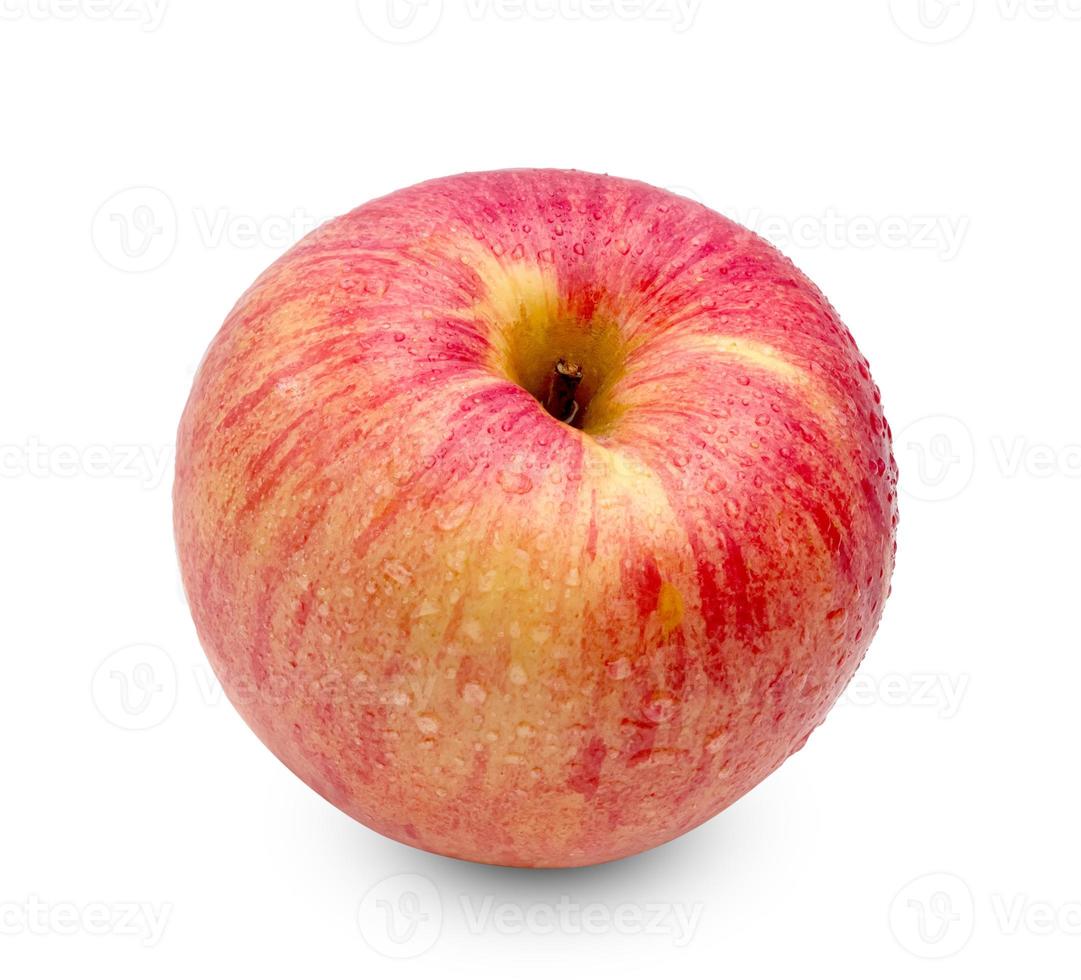 frische rote Apfelfrucht und Wassertropfen lokalisiert auf weißem Hintergrund foto